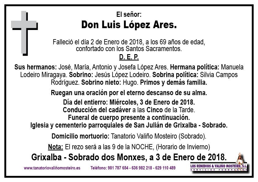 Esquela de Luis López Ares.